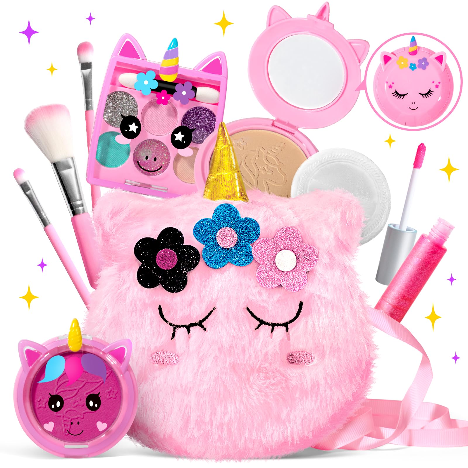 ULOVEME unicorn makeup kit with pink coin purse for portable pretend play