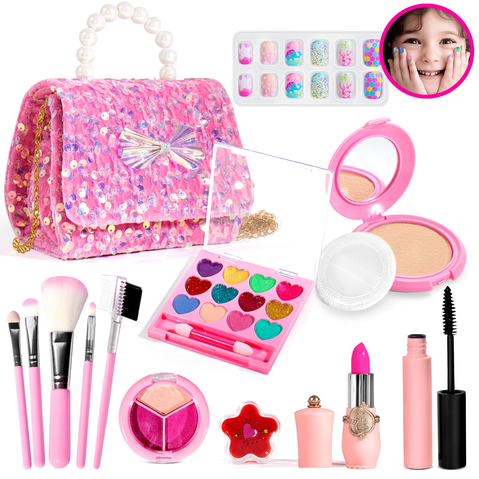 ULOVEME Unicorn makeup kit with pink sequin purse for safe, washable color play