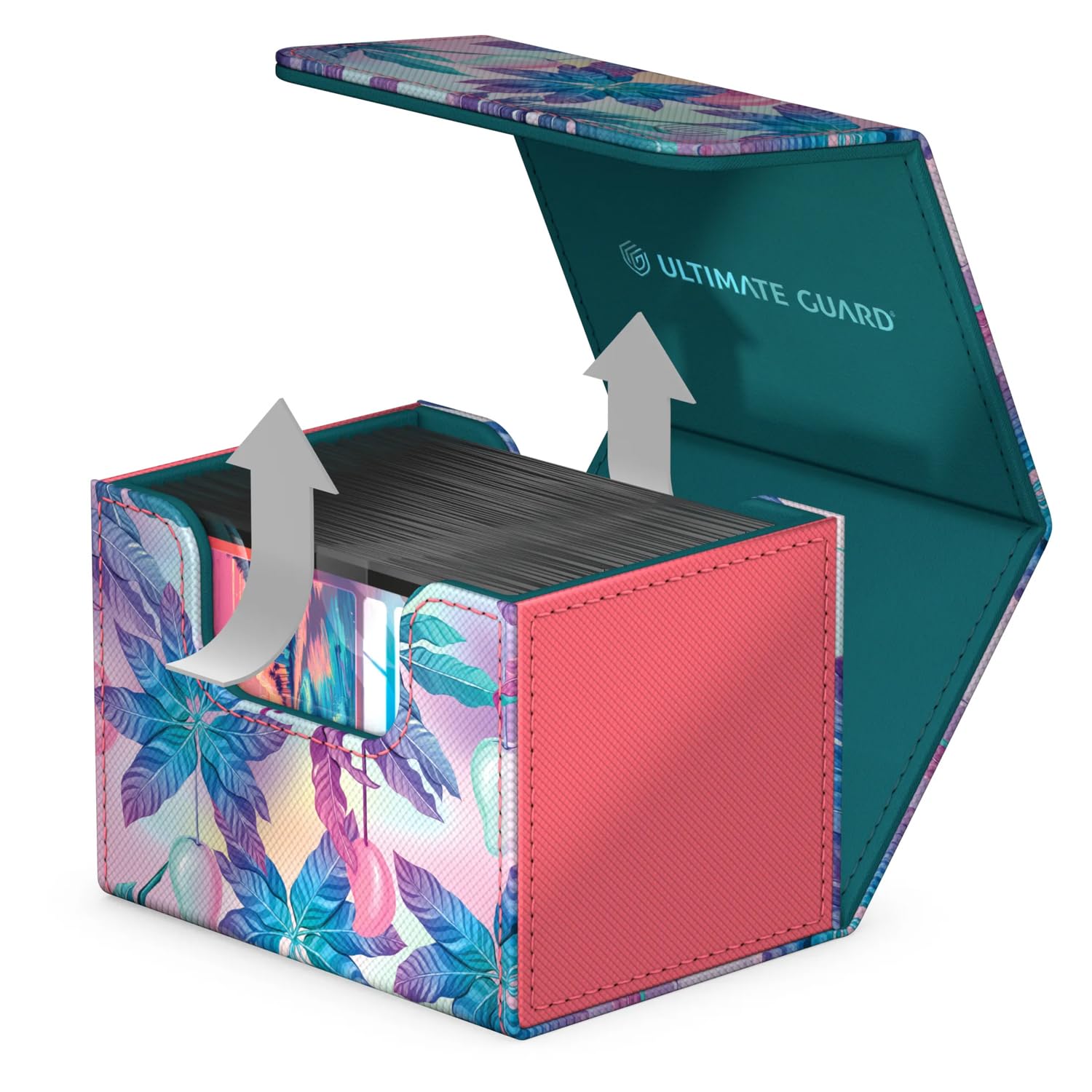 Ultimate Guard 100-deck box for double-sleeved TCG cards with magnetic closure in Miami Pink and microfiber interior