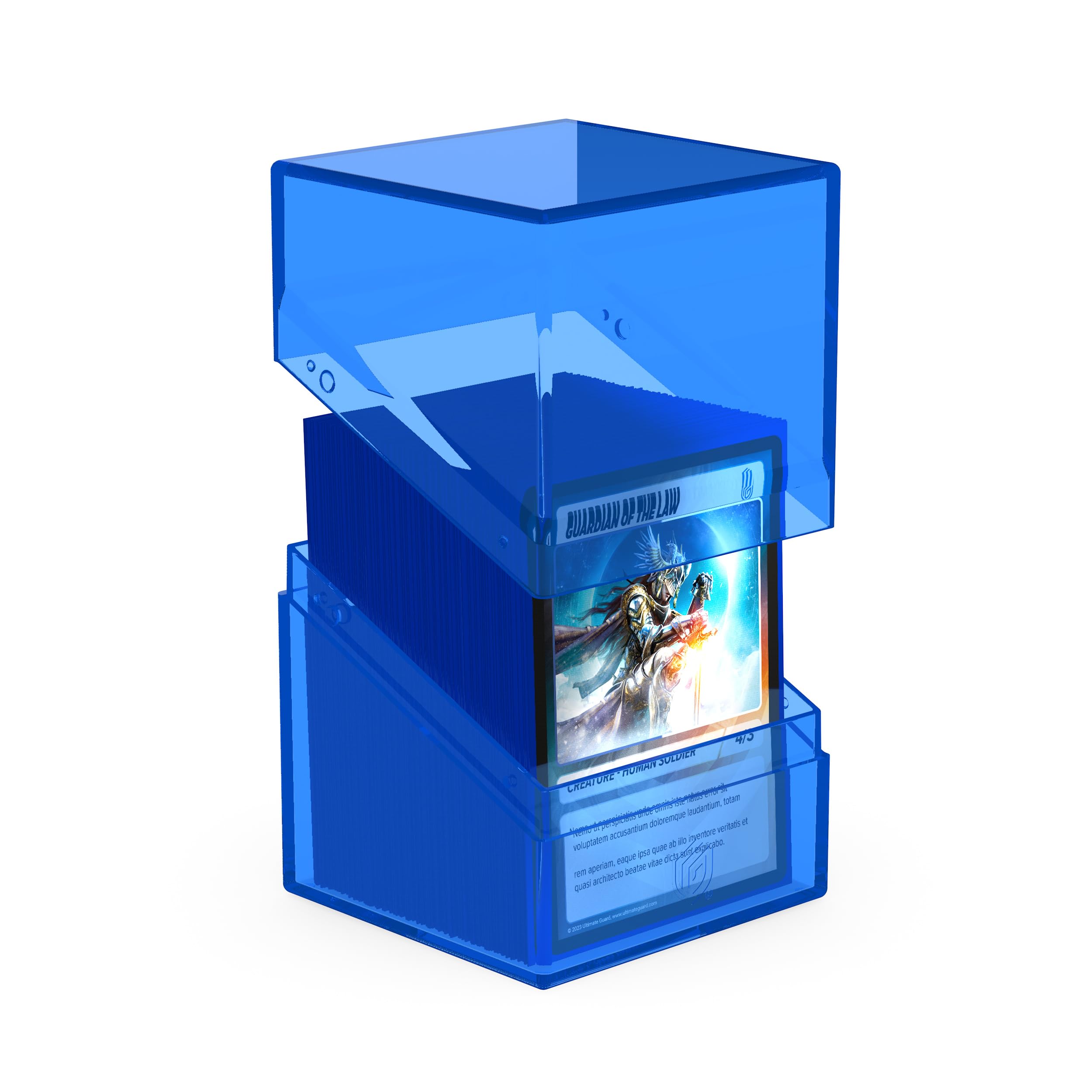 Ultimate Guard Boulder 100+ Clear deck box on side, highlighting slim profile and durability