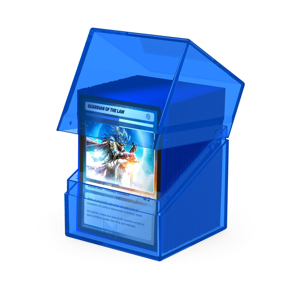 Ultimate Guard Boulder 100+ Clear deck box stacked beside cards for modular storage