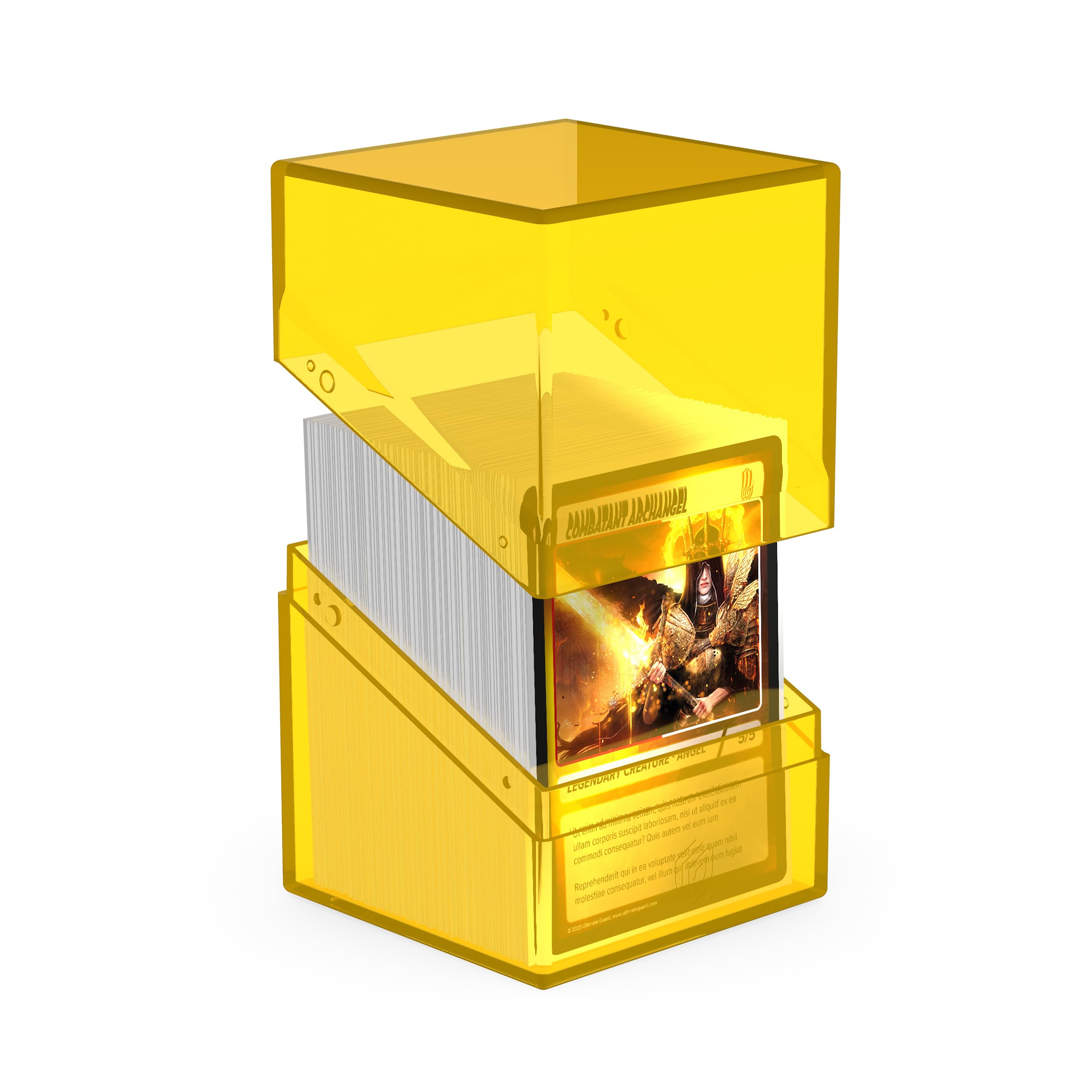 Ultimate Guard Boulder 100+ Clear Deck Case amber interior protects double-sleeved cards.