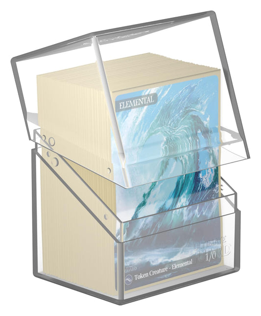 Ultimate Guard Boulder 80+ Classic deck case open lid reveals organized double-sleeved cards.