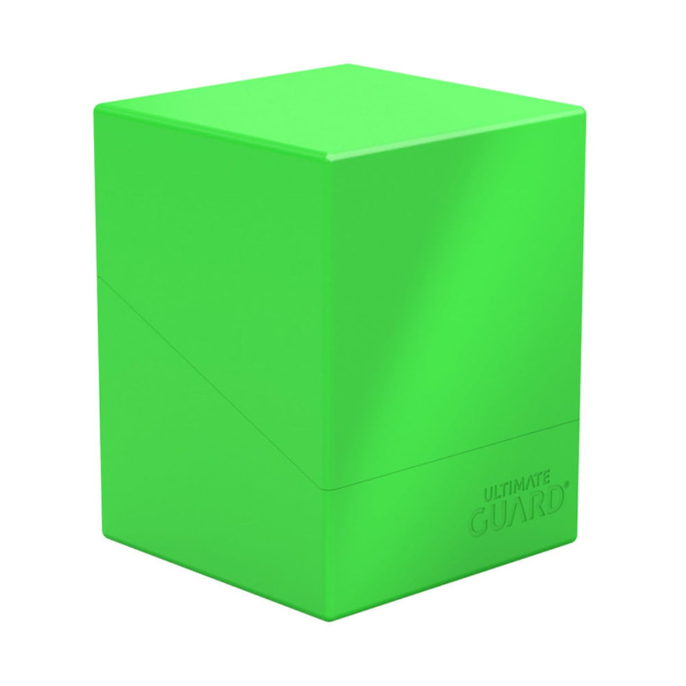 Ultimate Guard Boulder Solid 100 deck case neon green front view shows sturdy card storage.