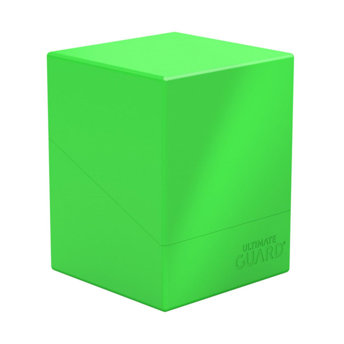 Ultimate Guard Boulder Solid 100 deck case neon green front view shows sturdy card storage.