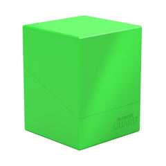Ultimate Guard Boulder Solid 100 deck case neon green front view shows sturdy card storage.