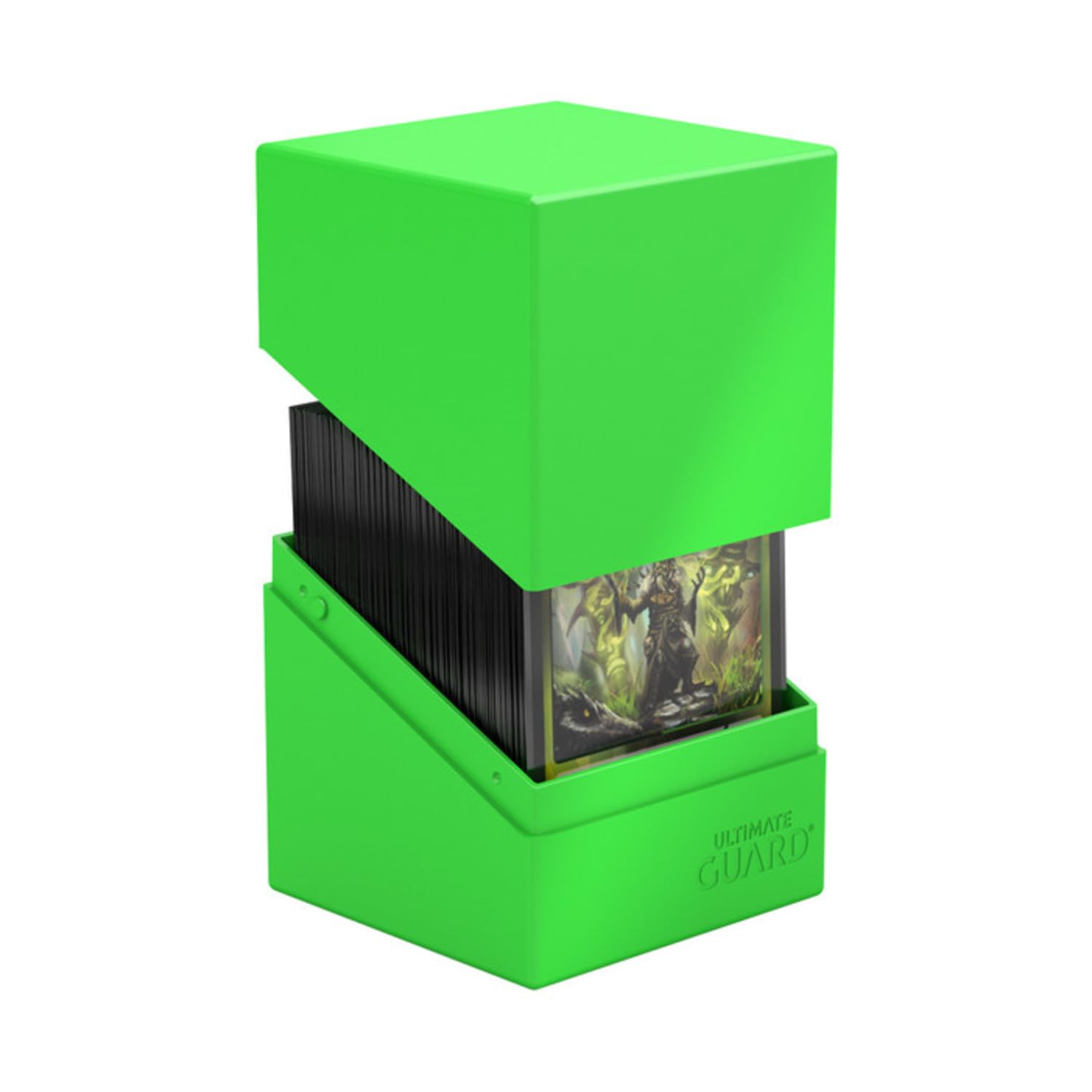 Ultimate Guard Boulder Solid 100 neon green side profile highlights modular design for stacking.