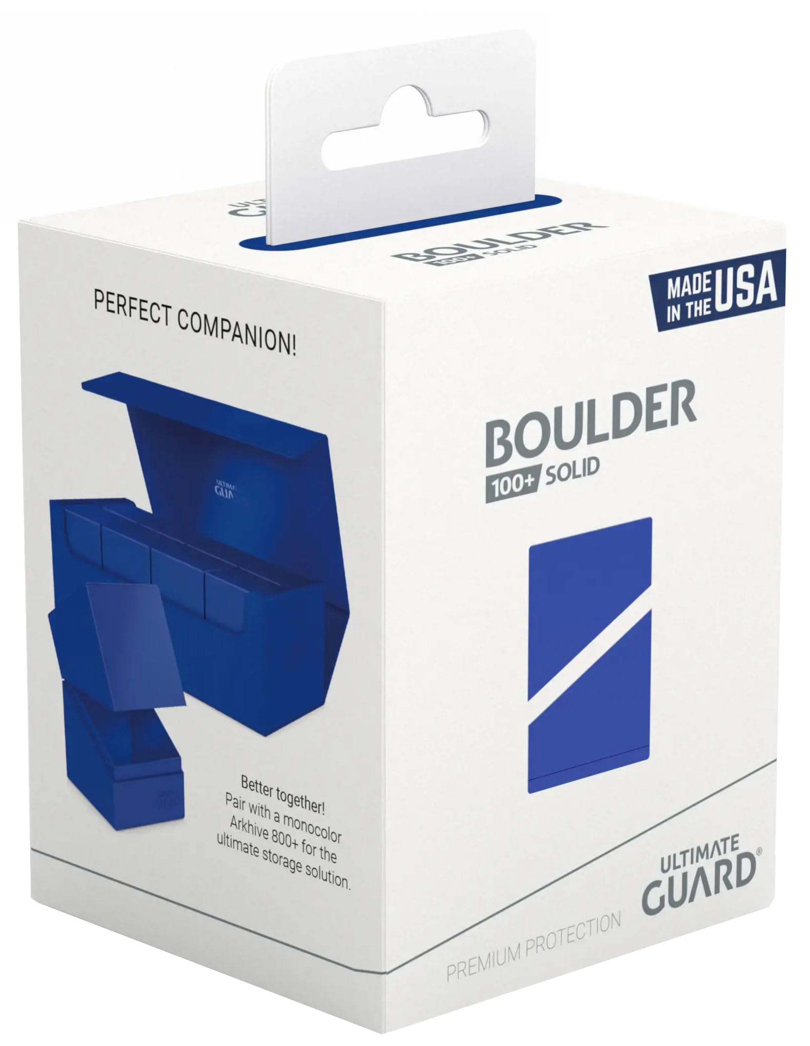 Ultimate Guard Boulder Solid 100+ blue travel-ready case for tournaments and transit.