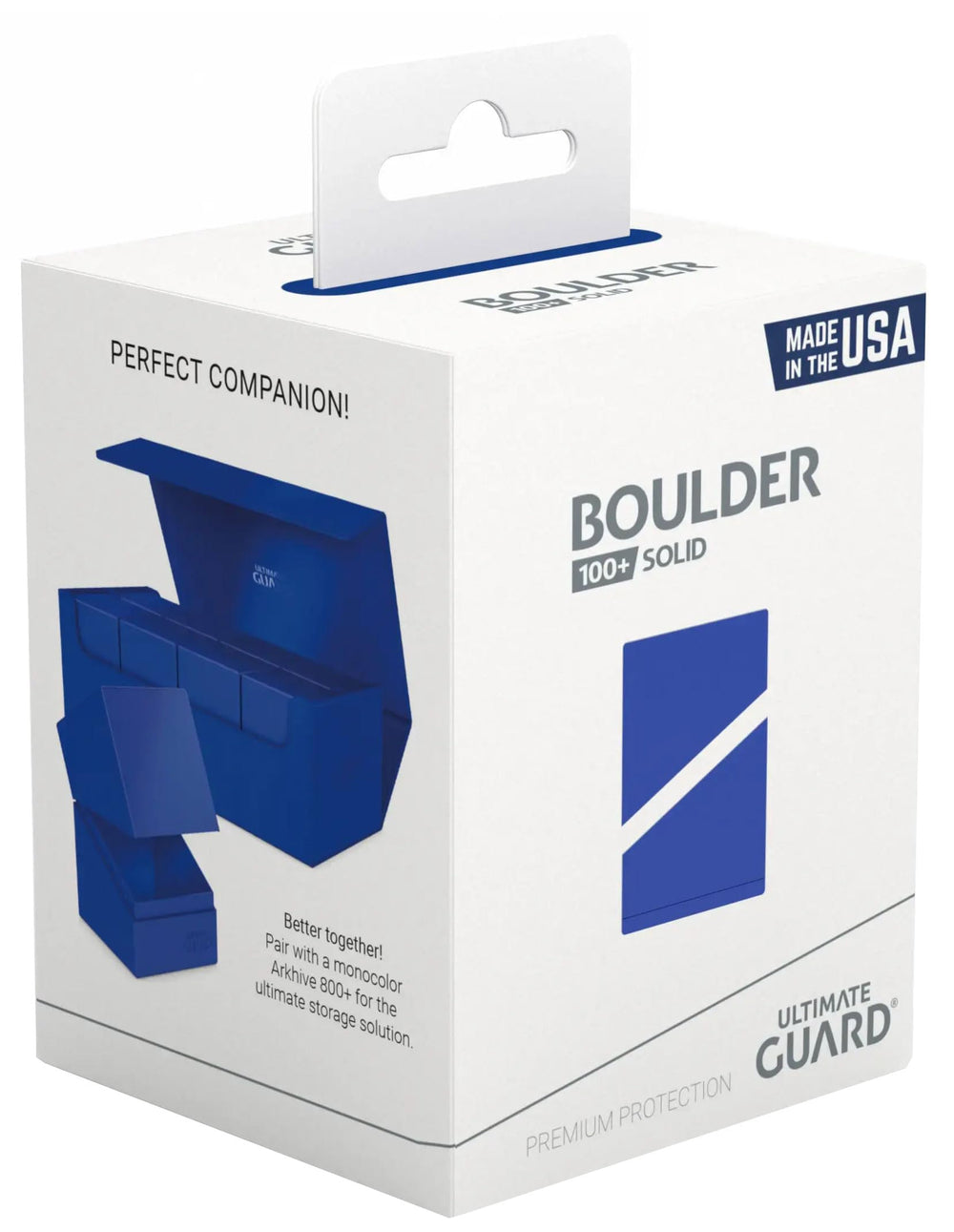 Ultimate Guard Boulder Solid 100+ blue travel-ready case for tournaments and transit.