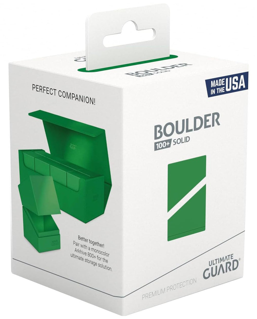 Ultimate Guard Boulder Solid 100+ design close-up, green non-transparent exterior.