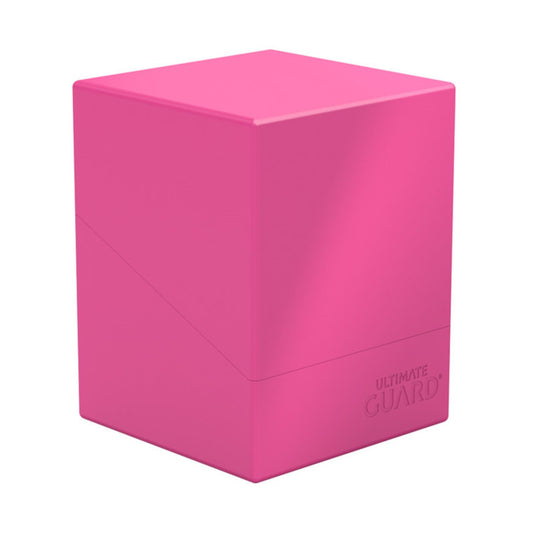 Ultimate Guard Boulder Solid 100+ Neon Pink deck case front view, secure transport for double-sleeved cards.