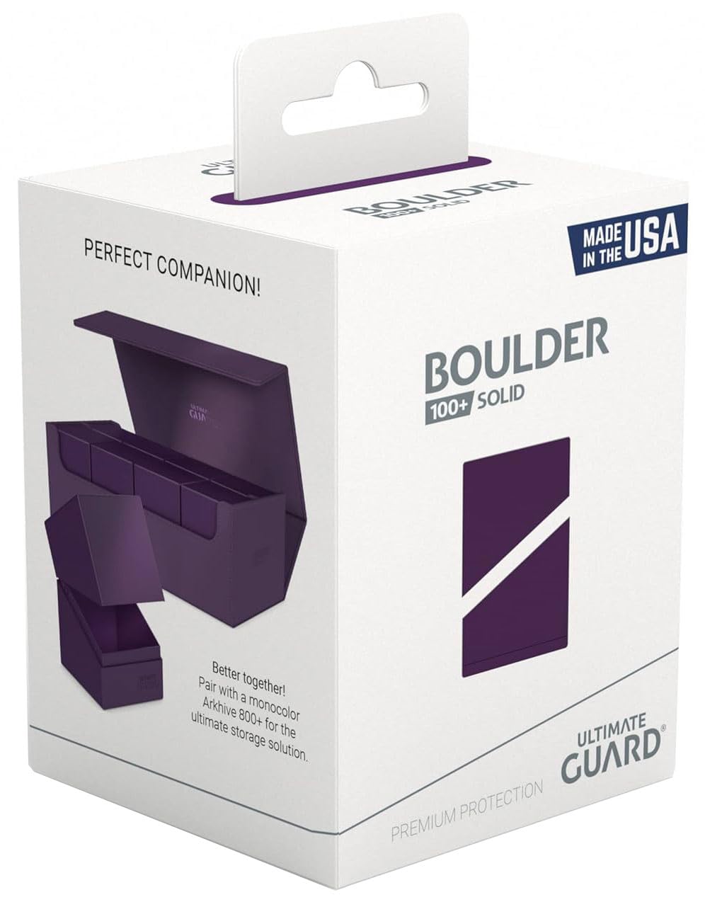 Boulder Solid 100+ purple deck case stacked on a shelf for storage