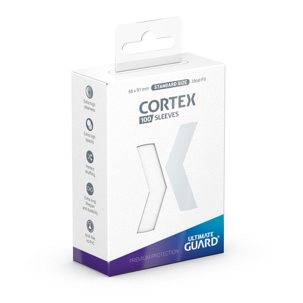 Ultimate Guard Cortex sleeve front view with glossy white back protecting vibrant card art