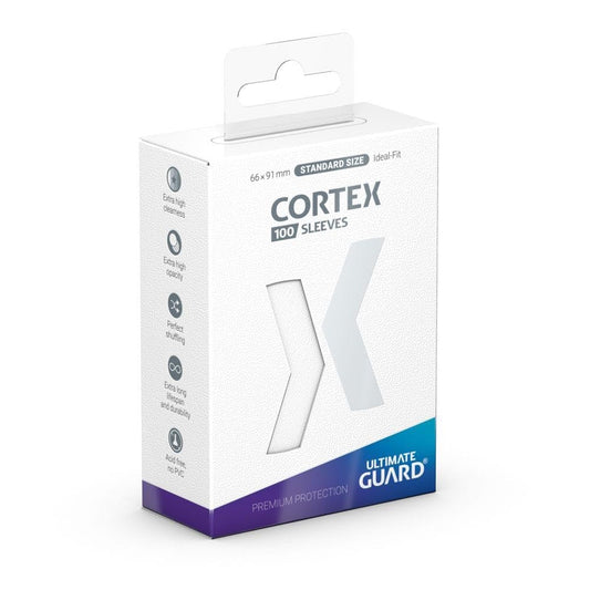 Ultimate Guard Cortex sleeve front view with glossy white back protecting vibrant card art