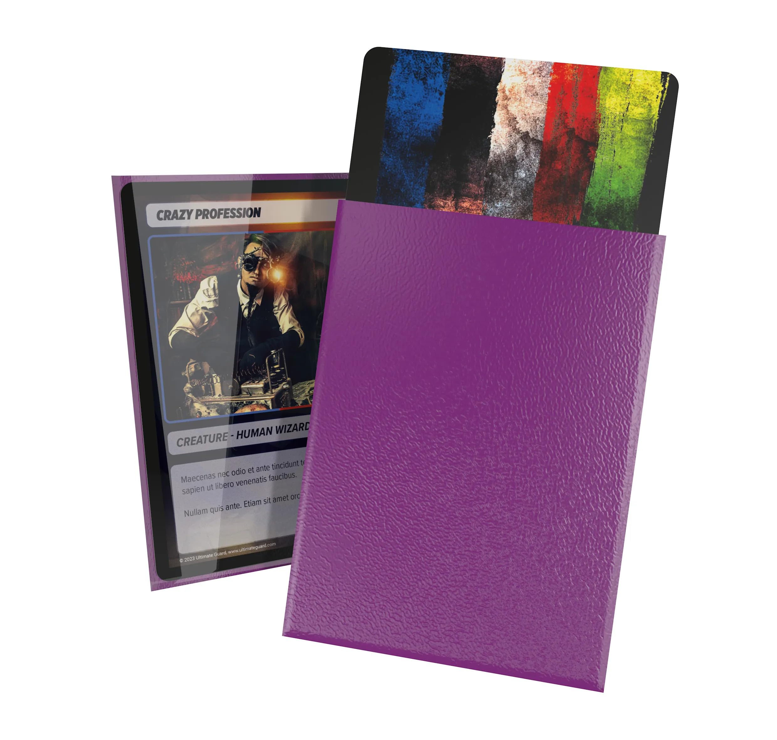 Ultimate Guard Cortex outer sleeves with purple back protect artful cards during play.