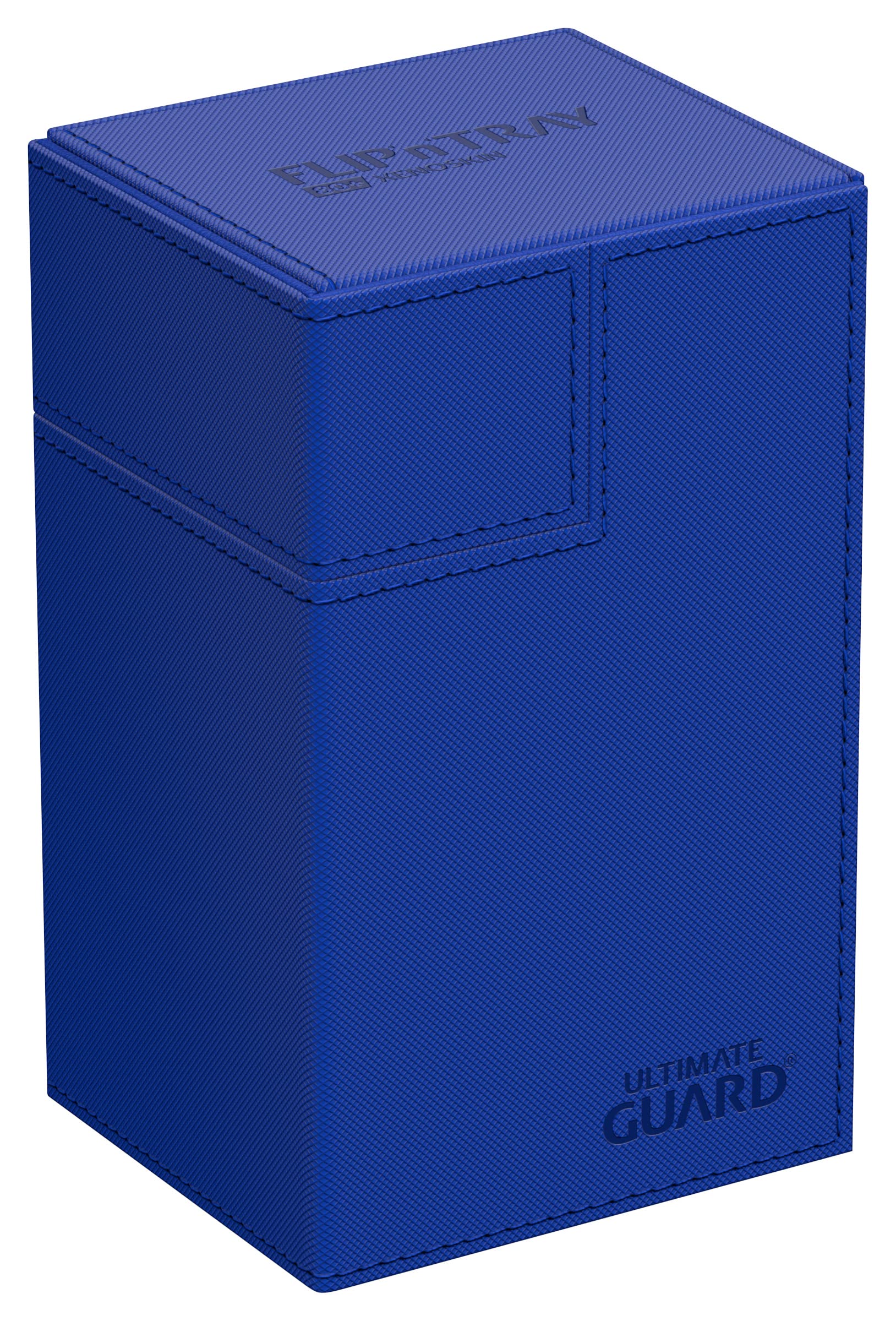 Ultimate Guard Flip'n'Tray 80+ blue front view highlights organized storage for double-sleeved cards