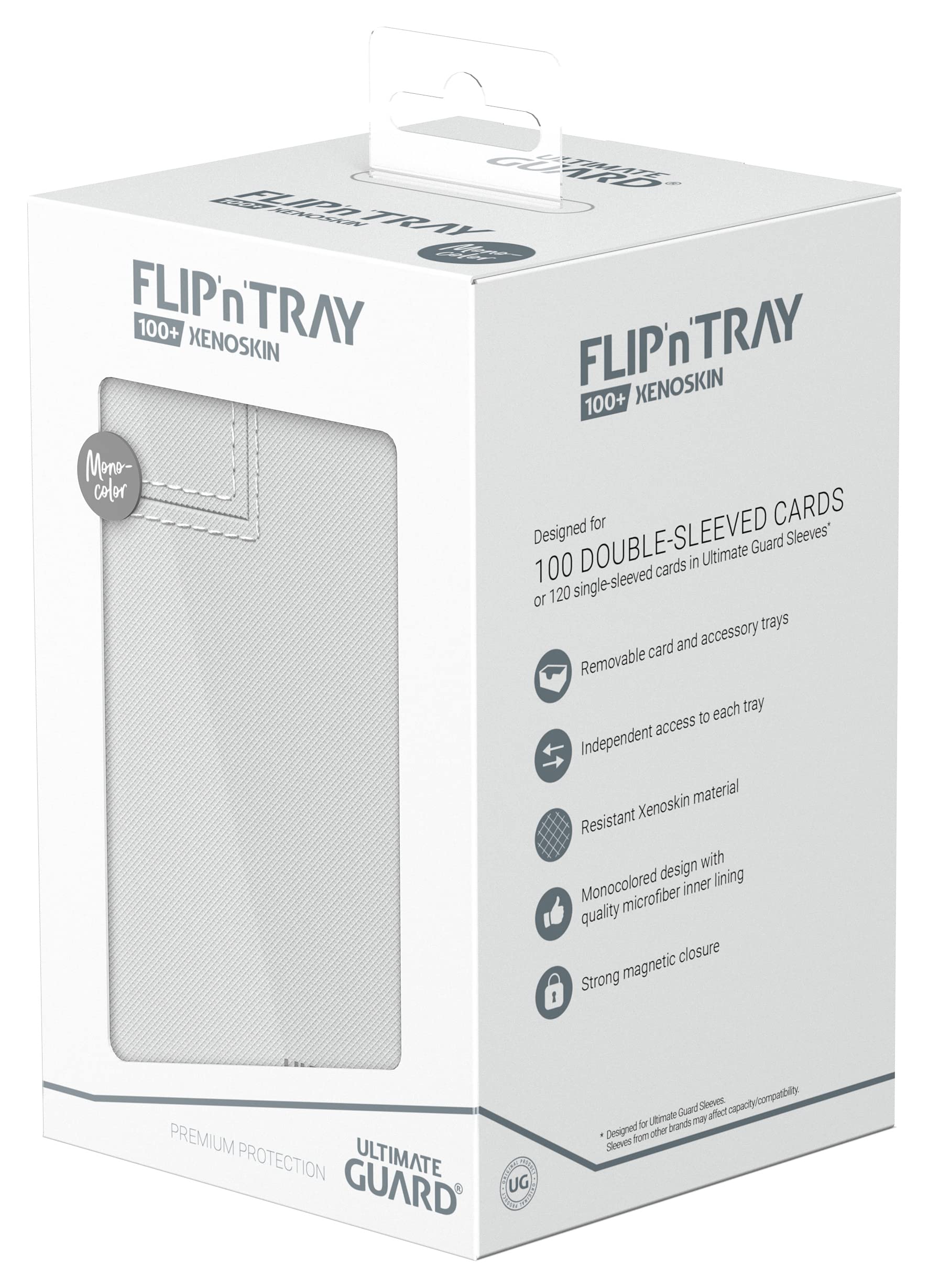 Compact organization of 100 double-sleeved cards and dice in the Flip'n'Tray 100+
