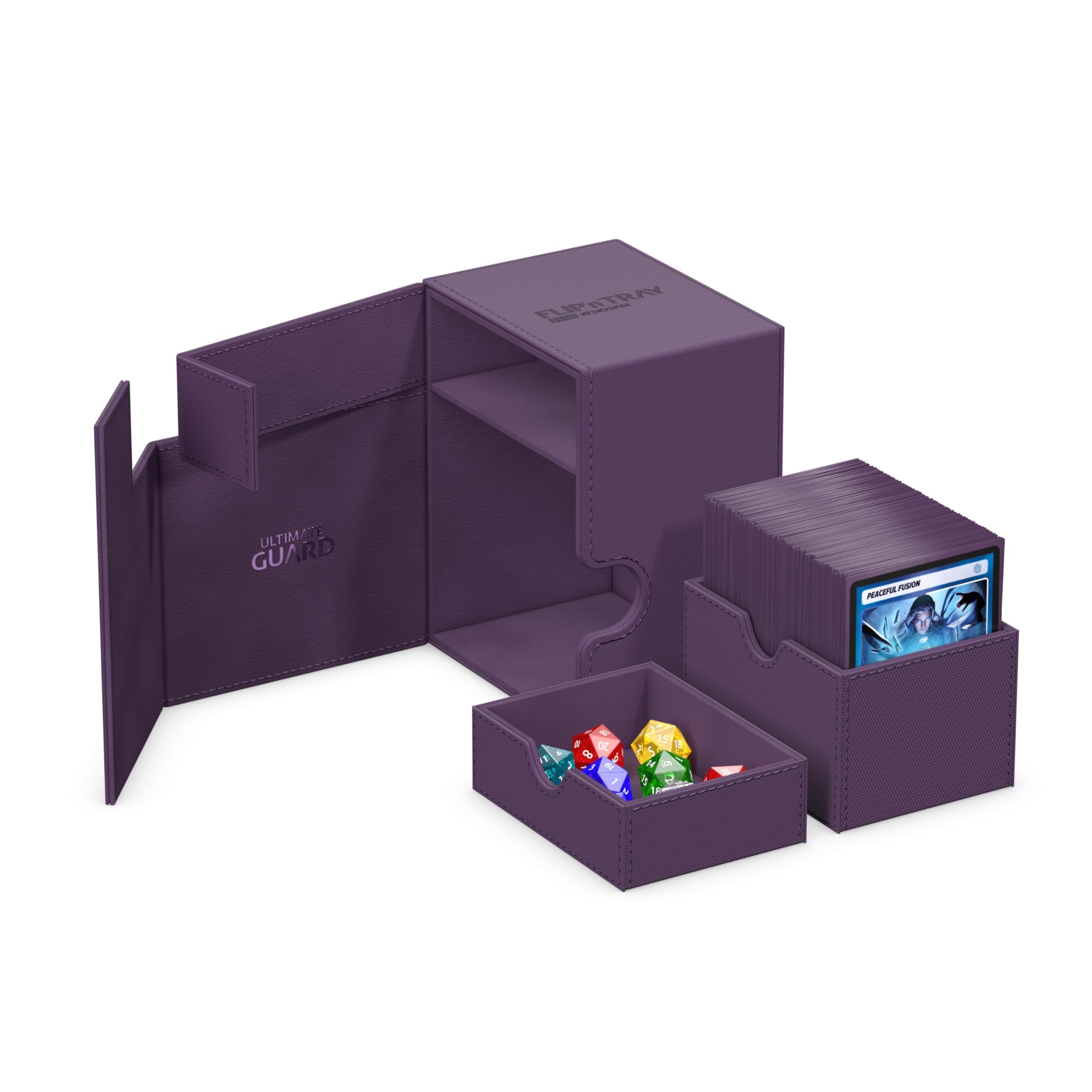 Ultimate Guard Flip'n'Tray 133+ purple microfiber lining protects cards.