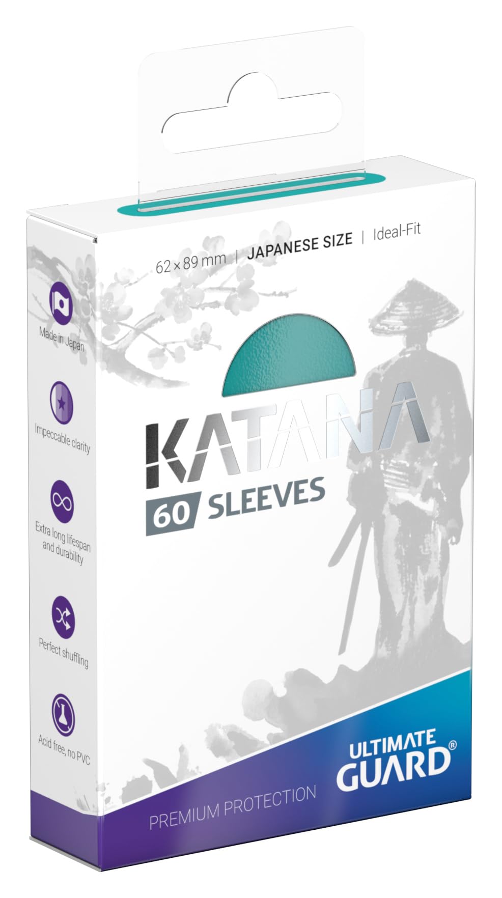 Ultimate Guard Katana sleeves turquoise back design emphasizes premium feel and durability.