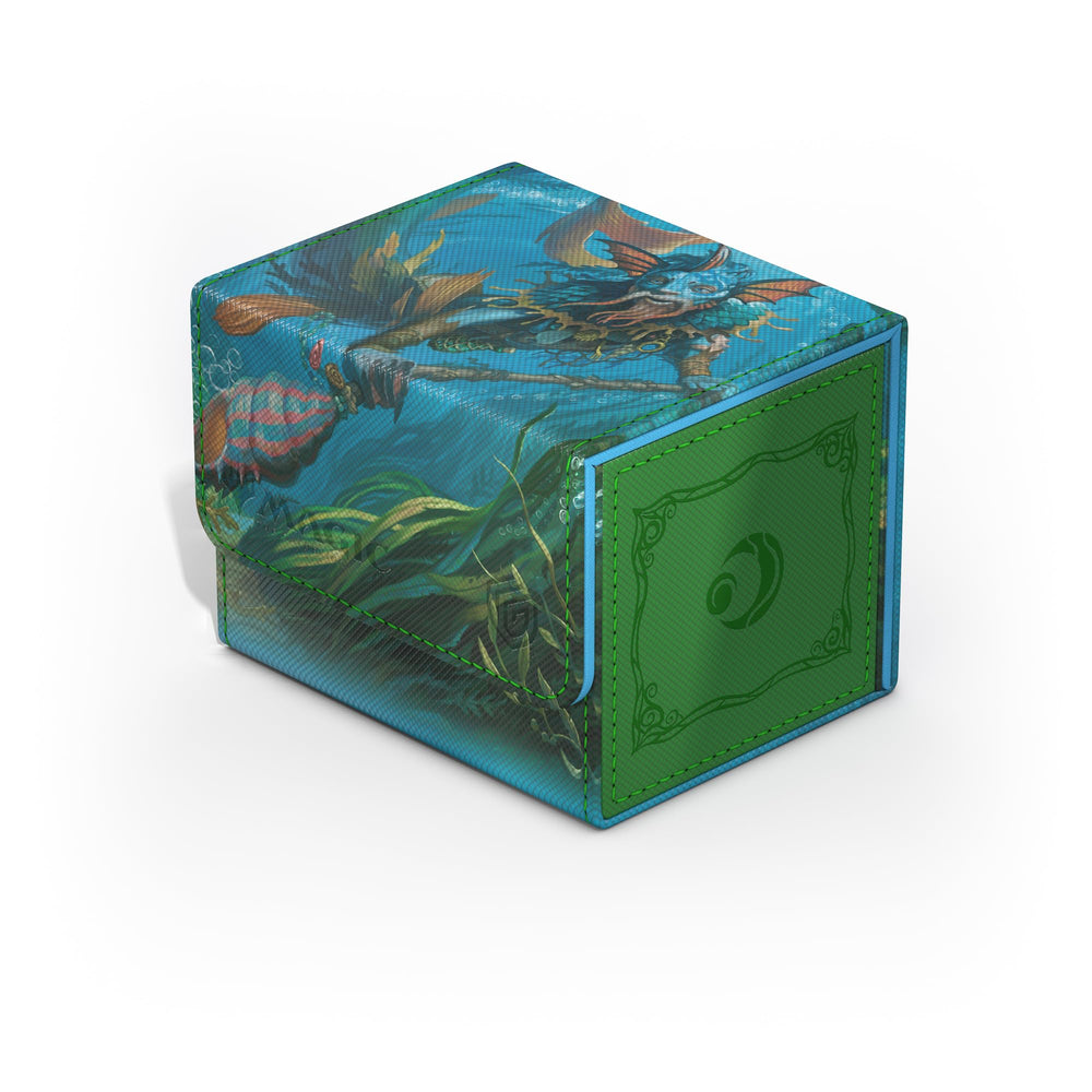 Sidewinder lid-open view highlights quick access to 100 double-sleeved cards.
