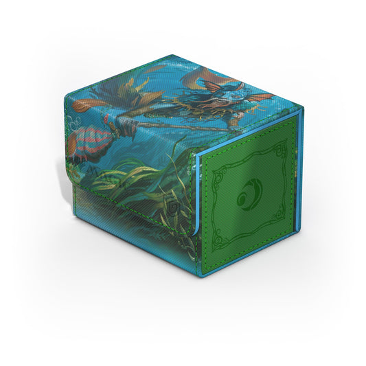 Sidewinder lid-open view highlights quick access to 100 double-sleeved cards.