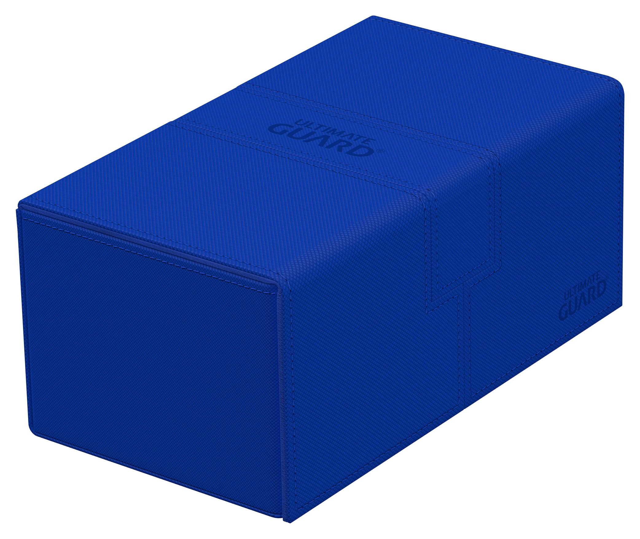 Ultimate Guard Twin Flip'n'Tray 200+ blue case front view highlights durable shell for travel