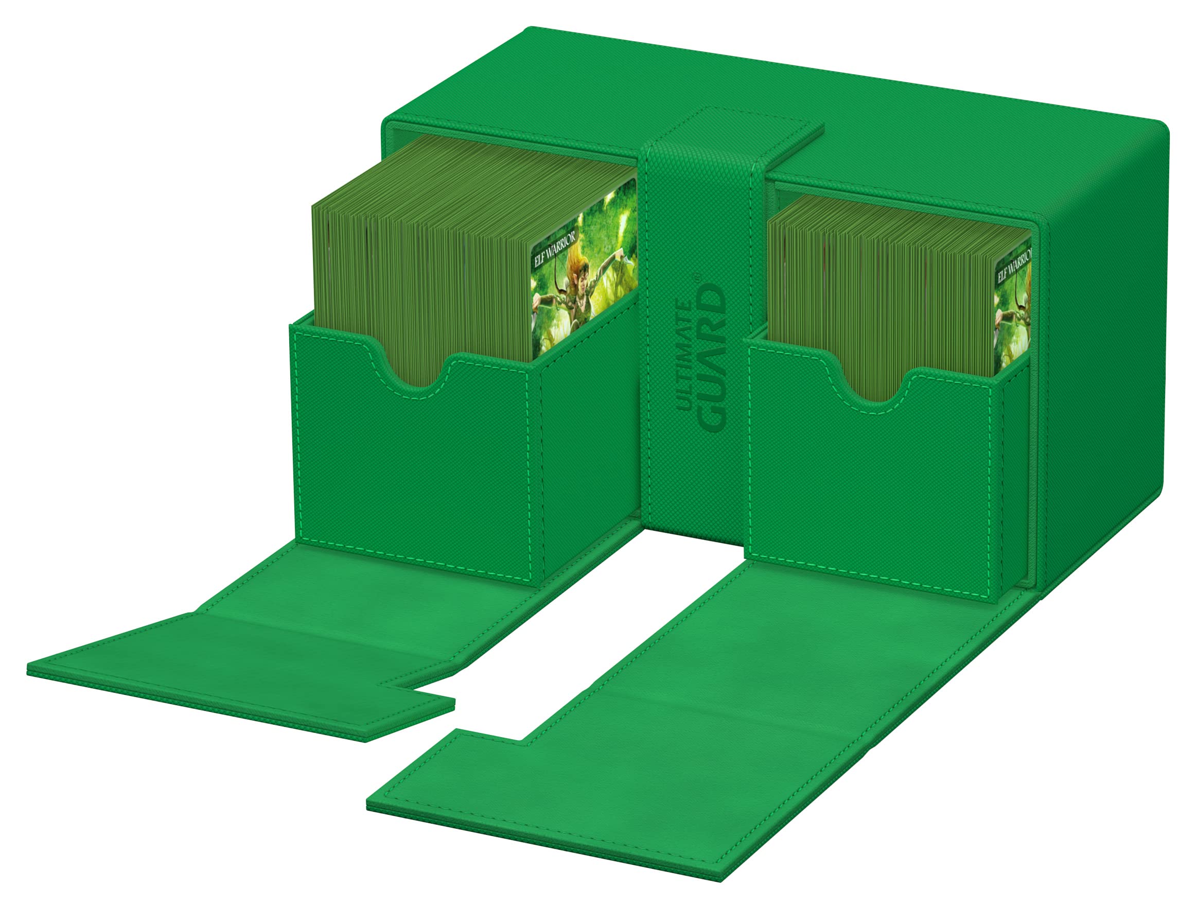 Ultimate Guard Twin Flip'n'Tray 200+ includes dice tray for accessories.