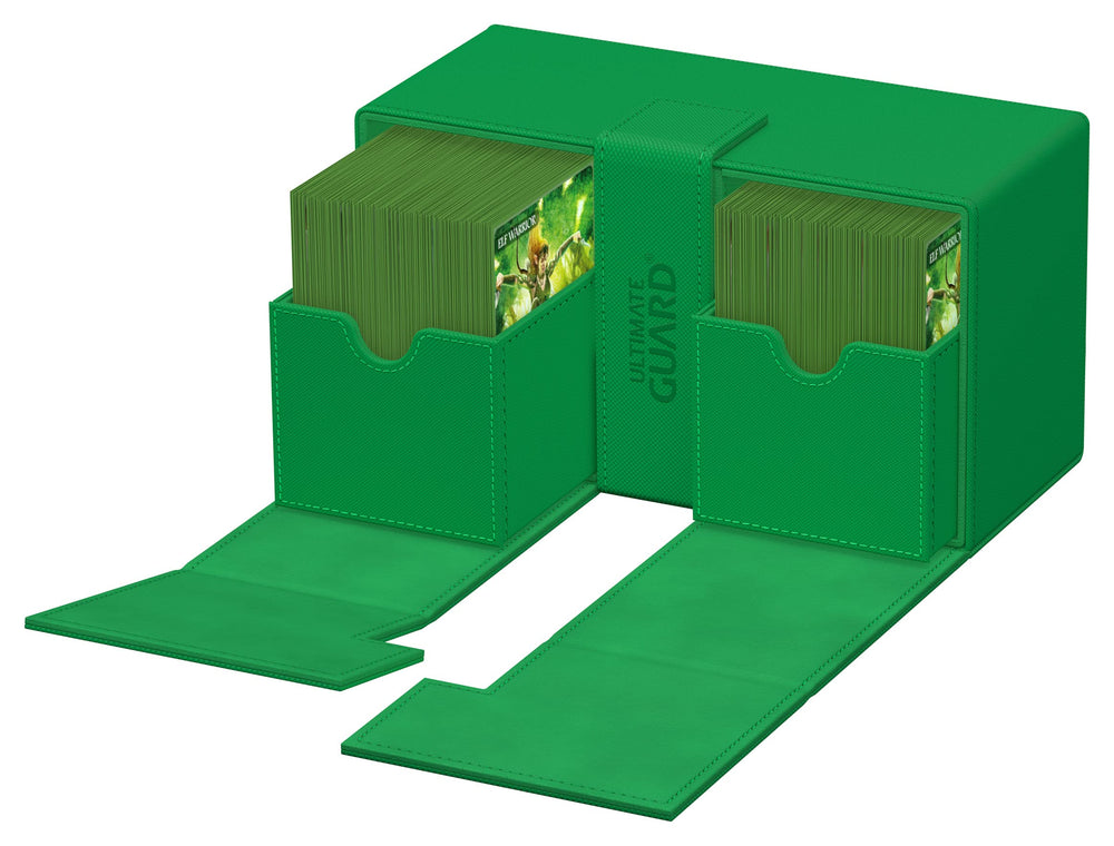 Ultimate Guard Twin Flip'n'Tray 200+ includes dice tray for accessories.