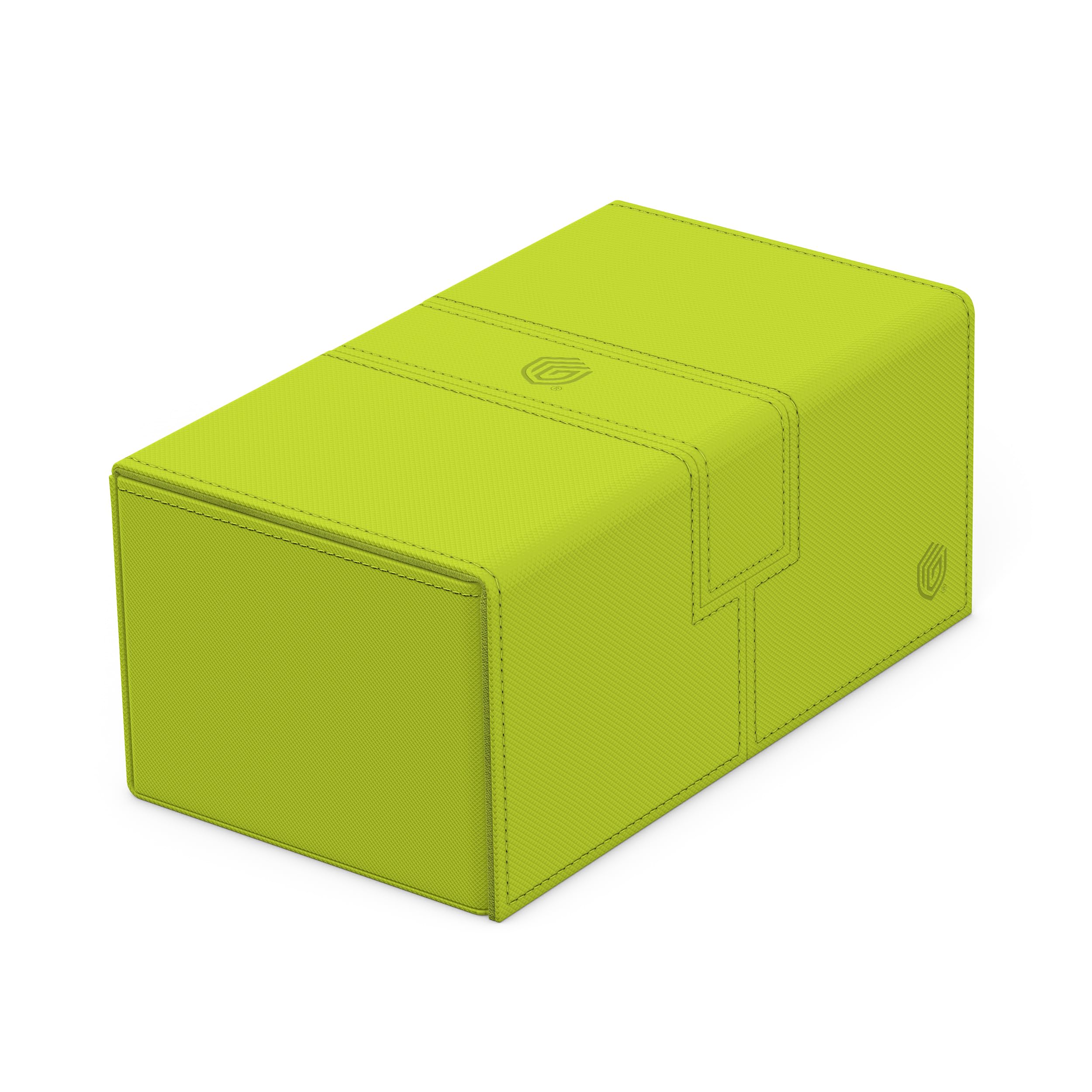 Ultimate Guard Twin Flip'n'Tray 200+ Xenoskin Lime, front view, durable travel-ready case.