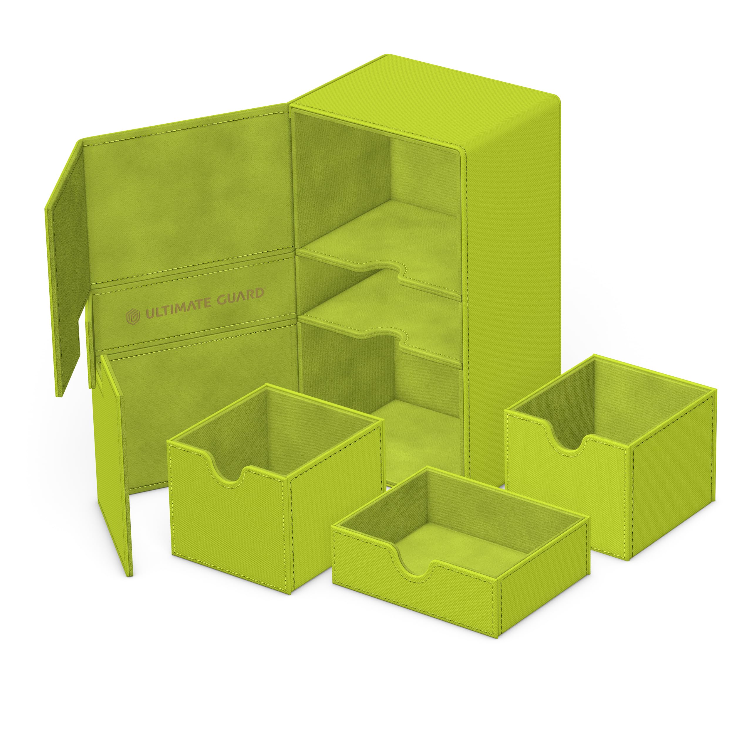 Ultimate Guard Twin Flip'n'Tray 200+ Xenoskin Lime, microfiber interior protects sleeves.