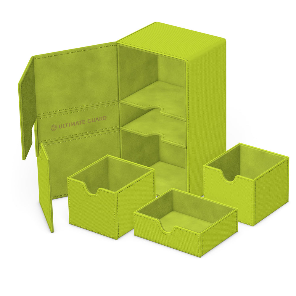 Ultimate Guard Twin Flip'n'Tray 200+ Xenoskin Lime, microfiber interior protects sleeves.