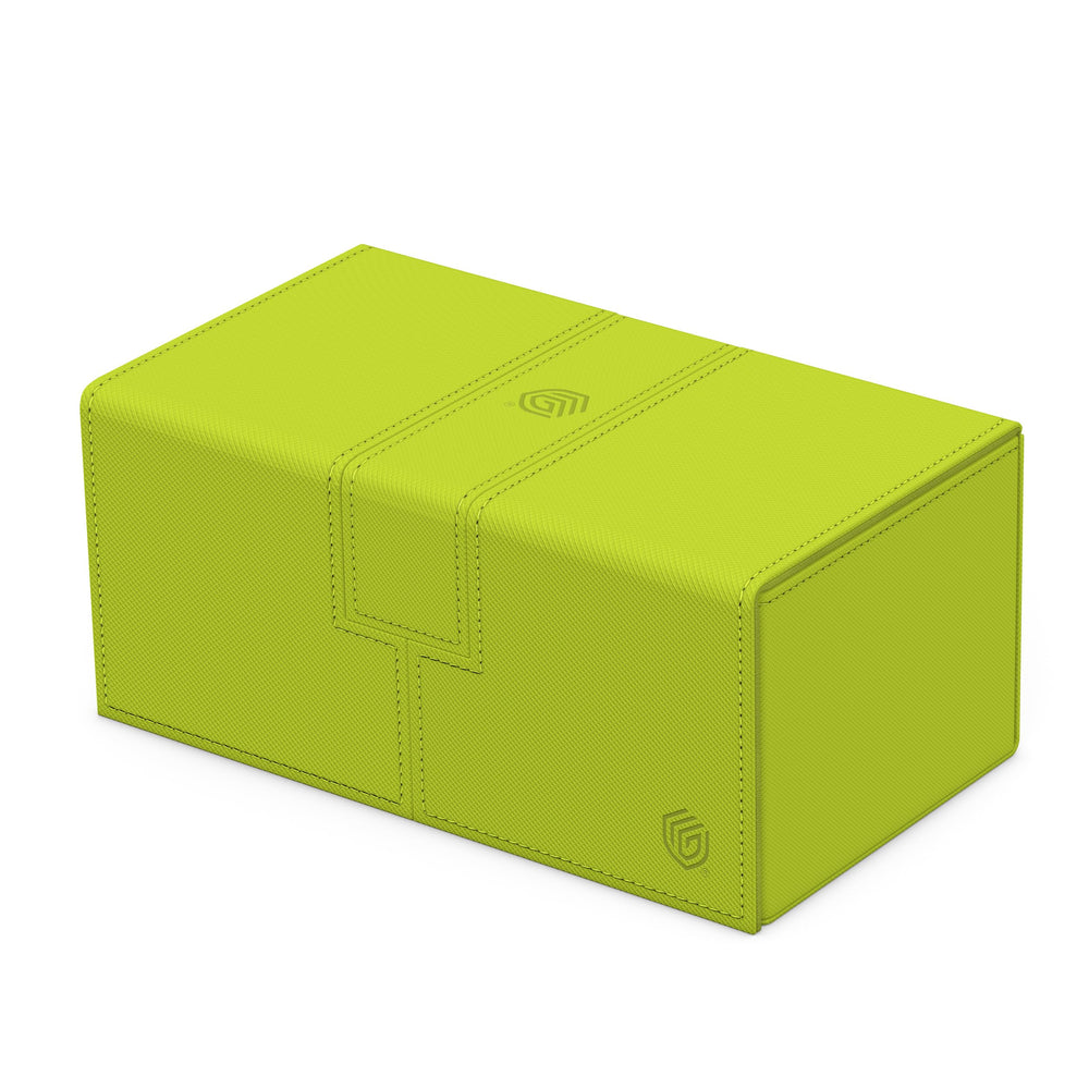 Ultimate Guard Twin Flip'n'Tray 200+ Xenoskin Lime, open trays for organized access.