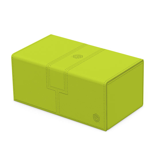 Ultimate Guard Twin Flip'n'Tray 200+ Xenoskin Lime, open trays for organized access.