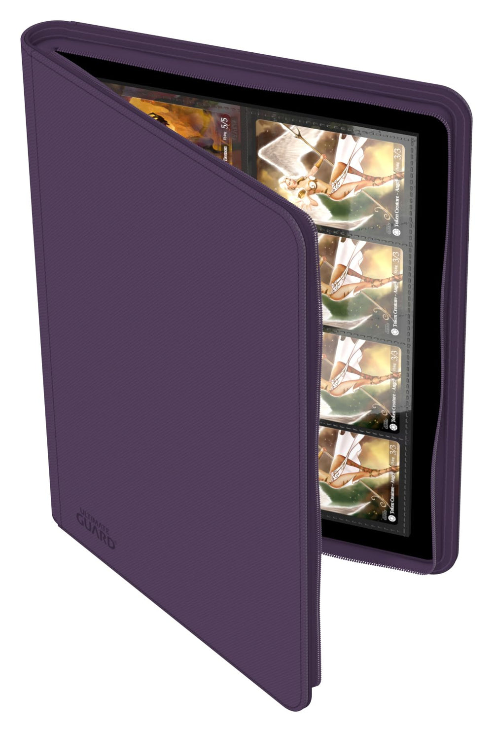 Ultimate Guard Zipfolio 320 purple includes 20 internal nine-pocket pages for organized storage.