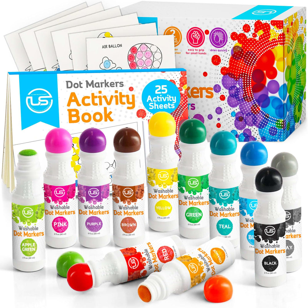 Ultimate Stationery dot markers in 12 colors for toddlers, vibrant dots with mess-free coloring.