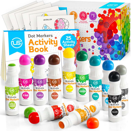 Ultimate Stationery dot markers in 12 colors for toddlers, vibrant dots with mess-free coloring.