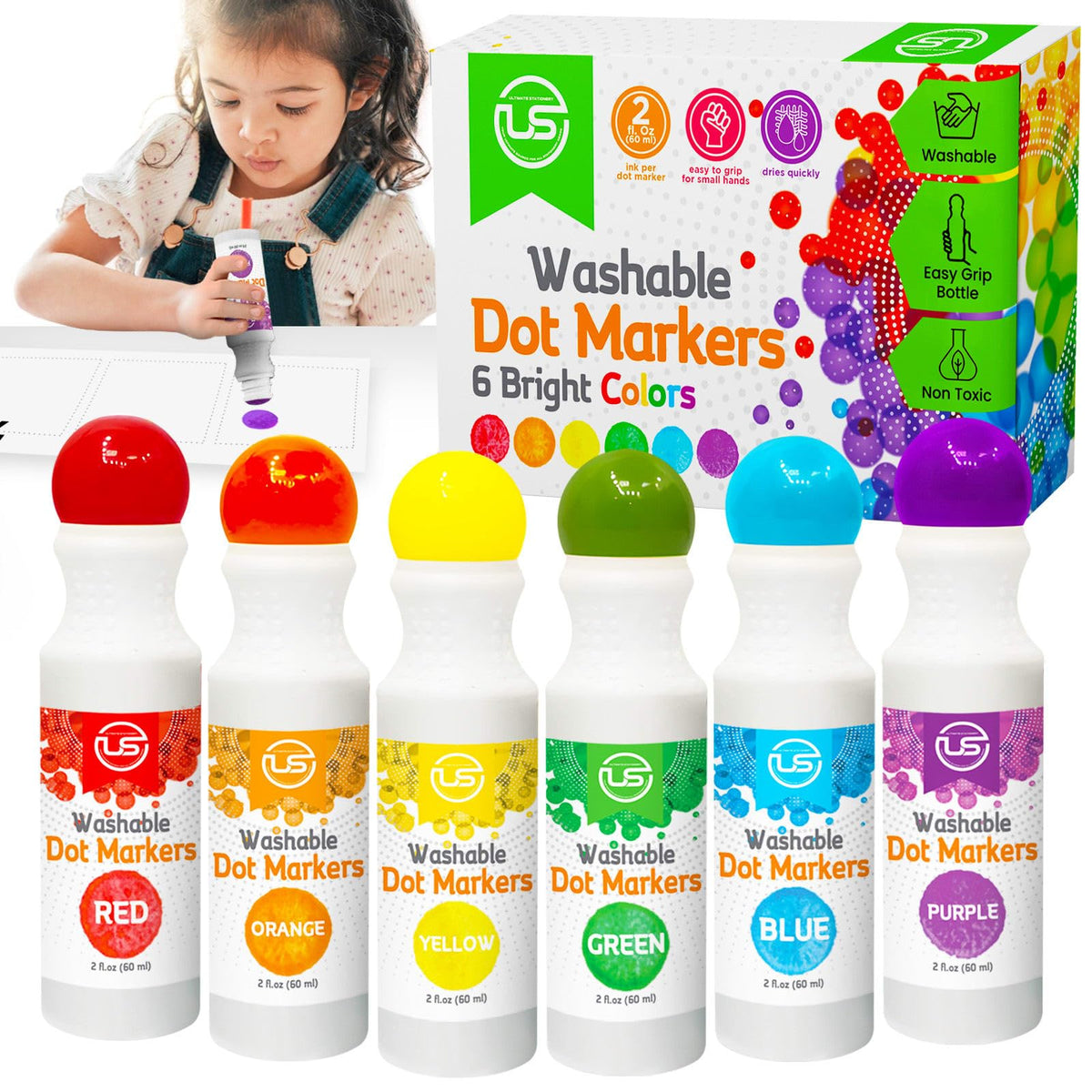 Ultimate Stationery dot markers pack in six bright colors for creative play.
