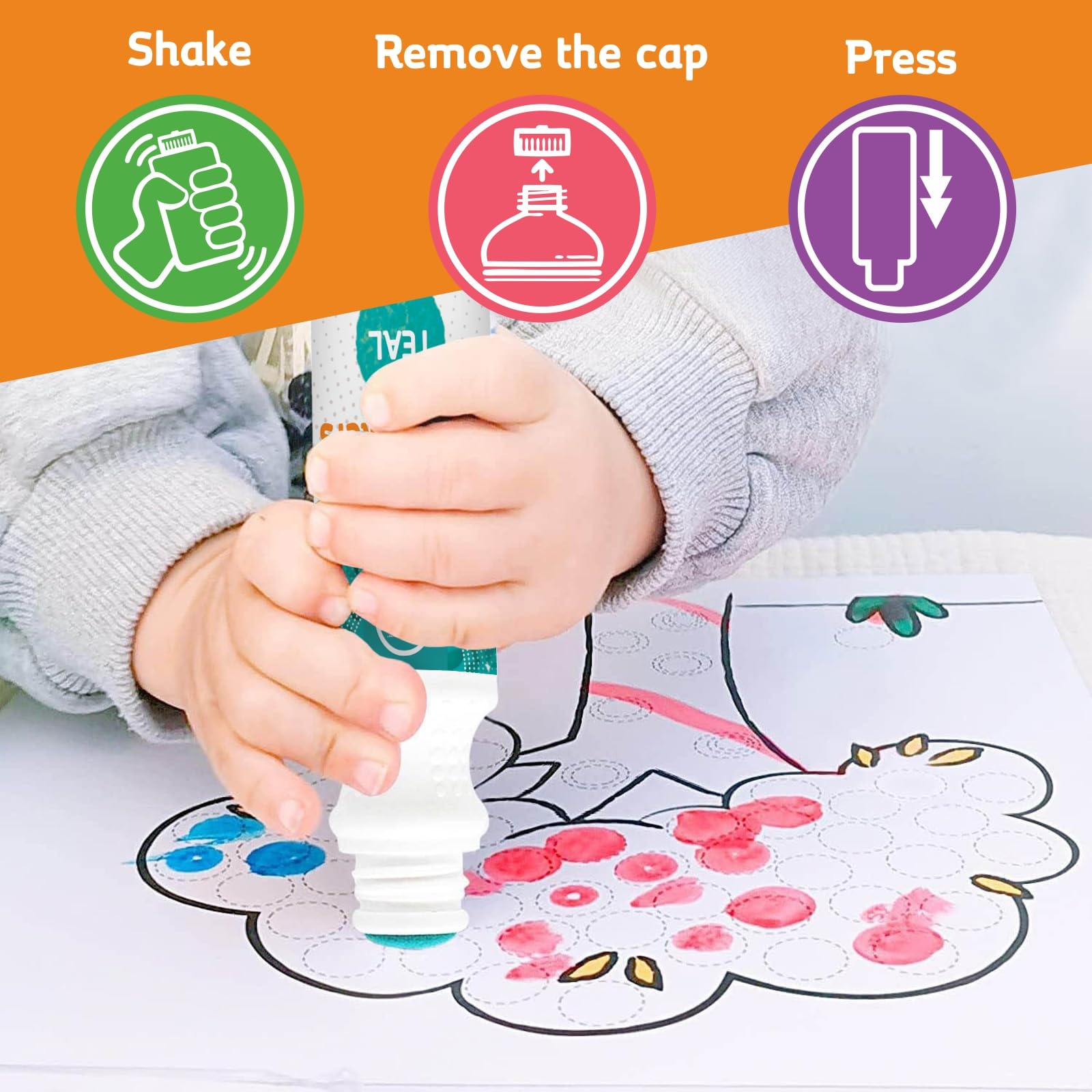 Ultimate Stationery toddler art dot coloring closeup emphasizing safe materials for children.