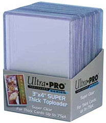 Ultra Pro 75pt top-loaders in a 2-pack show rigid PVC protection for sports cards.