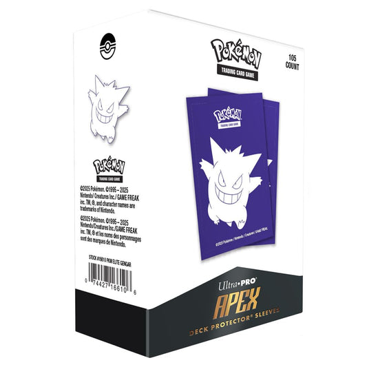 Ultra PRO Apex Gengar sleeves gloss-front showcase foil Pokemon cards with shine.