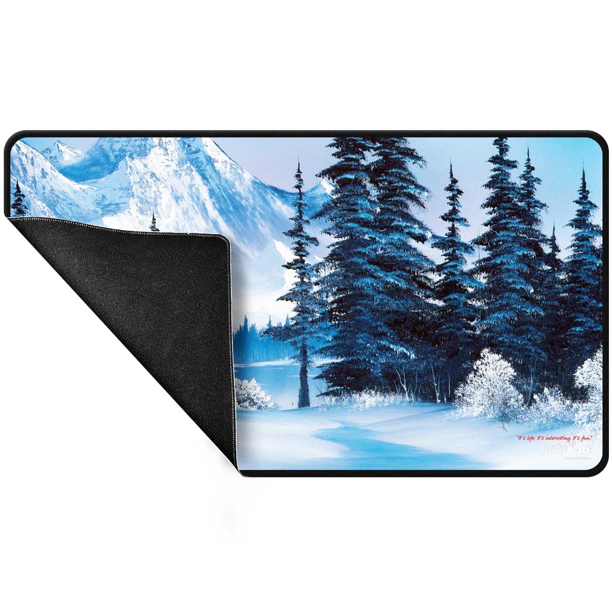 Ultra Pro Bob Ross Winter Paradise playmat shows stitched edges for premium feel