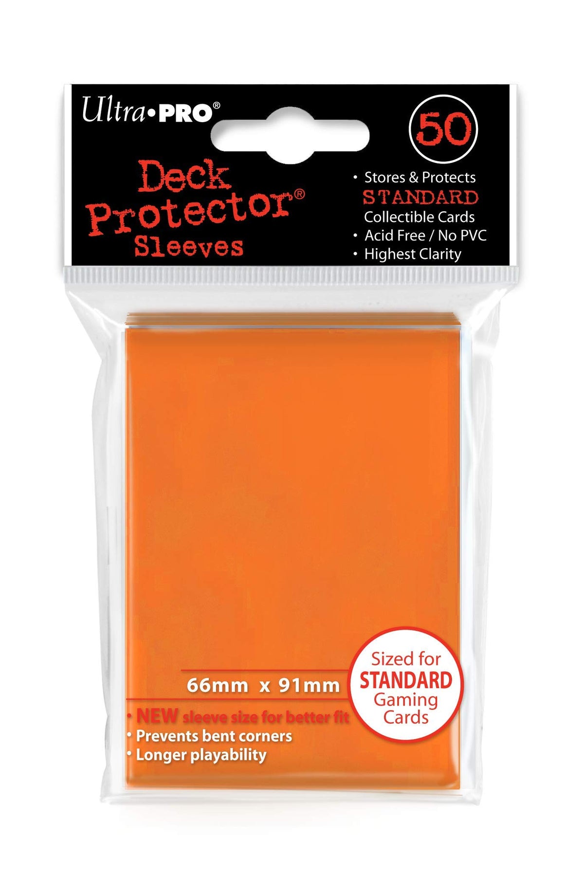Ultra PRO orange deck protector sleeve protects standard cards with a gloss finish.