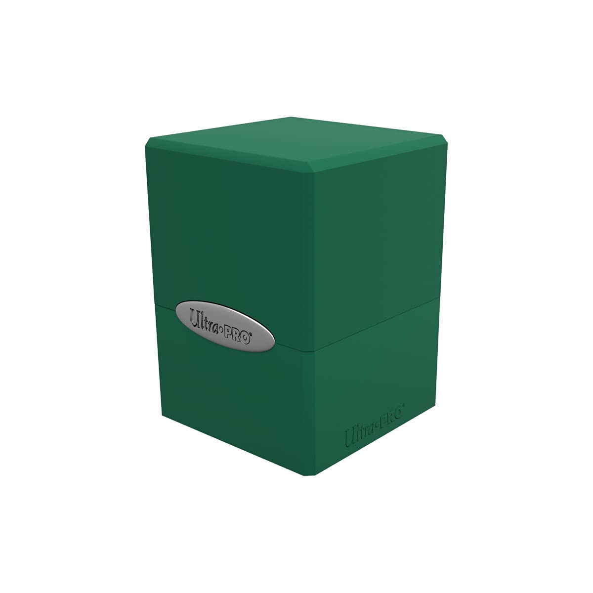 Ultra PRO Satin Cube Deck Box Forest Green side profile, secure closure for travel.