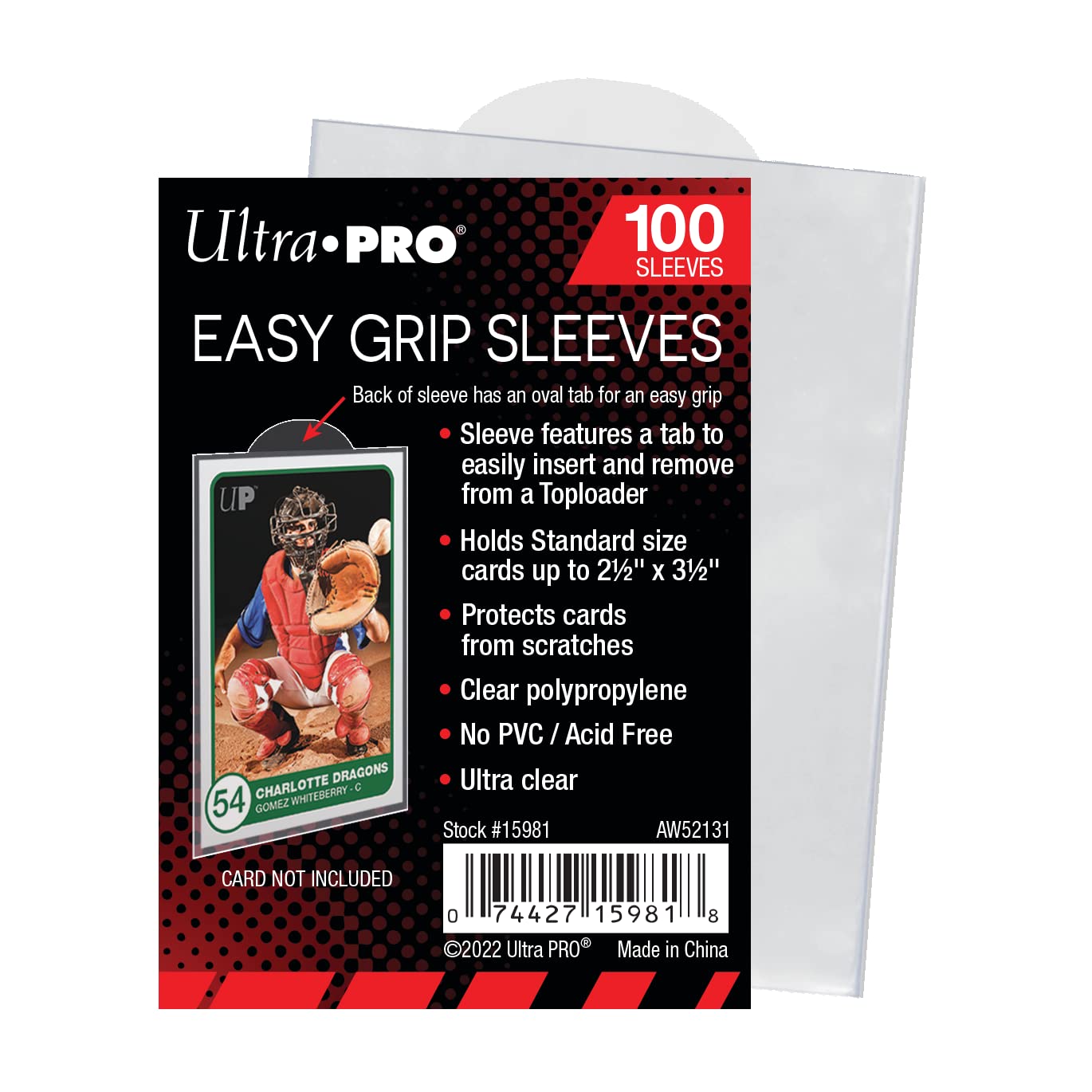 Ultra PRO Easy Grip sleeves with half-circle tab for easy Toploader removal and protection.