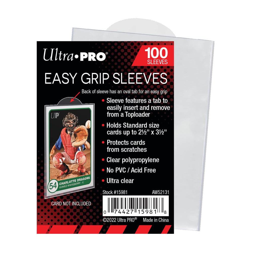 Ultra PRO Easy Grip sleeves with half-circle tab for easy Toploader removal and protection.