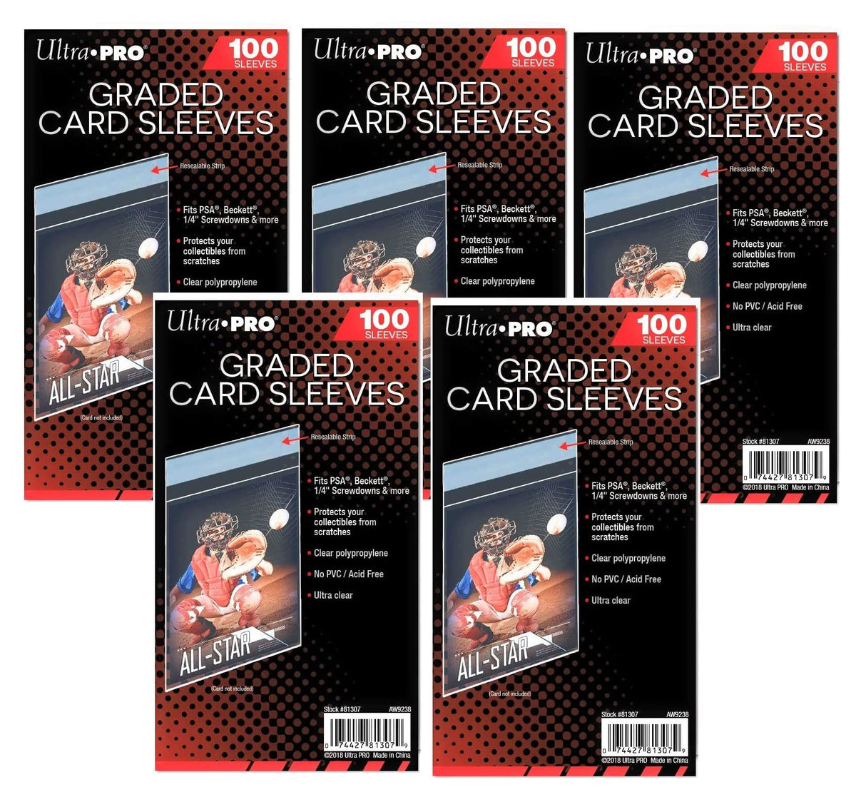 Ultra Pro graded-card sleeve pack 500-count on display protecting PSA and Beckett holders.