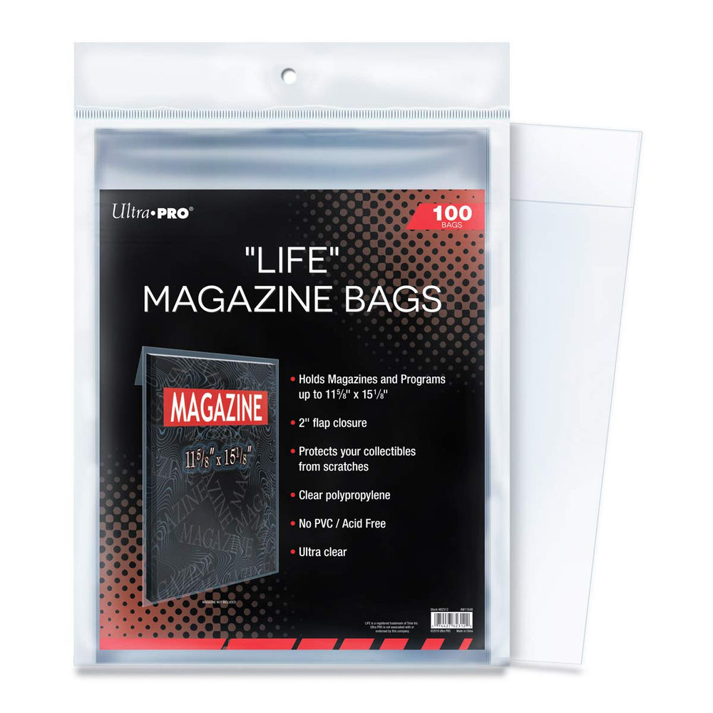 Ultra Pro magazine storage bag protecting an 11-1-8 by 15-1-8 inch magazine with archival clarity.