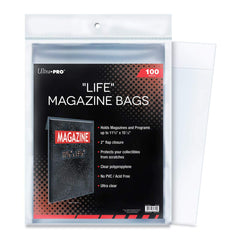 Ultra Pro magazine storage bag protecting an 11-1-8 by 15-1-8 inch magazine with archival clarity.