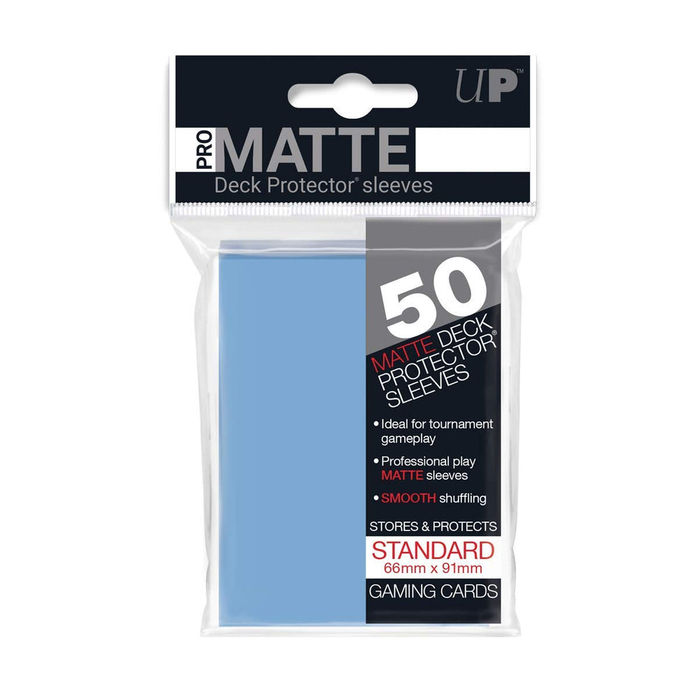 Ultra PRO Light Blue Pro Matte Deck Sleeves with non-glare surface for a smoother shuffle.