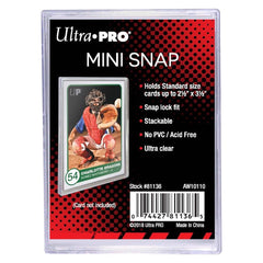 Ultra Pro Mini Snap Holder stores standard 2.5x3.5 inch cards with PVC-free protection.